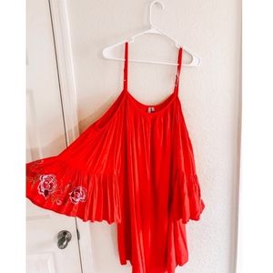 🌺 Feathers Embroidered Red Cold Shoulder Summer Dress
